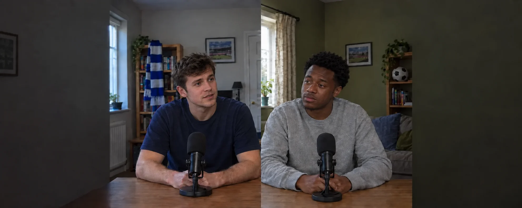 Split-screen illustration of two fictional football presenters joining from separate UK homes, each with a desk microphone and football details in their own room